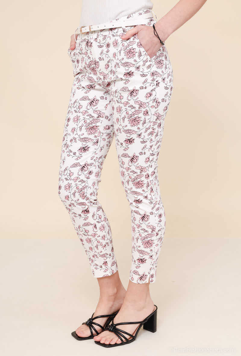 Pantalon imprimé fleuri rose femme - détail