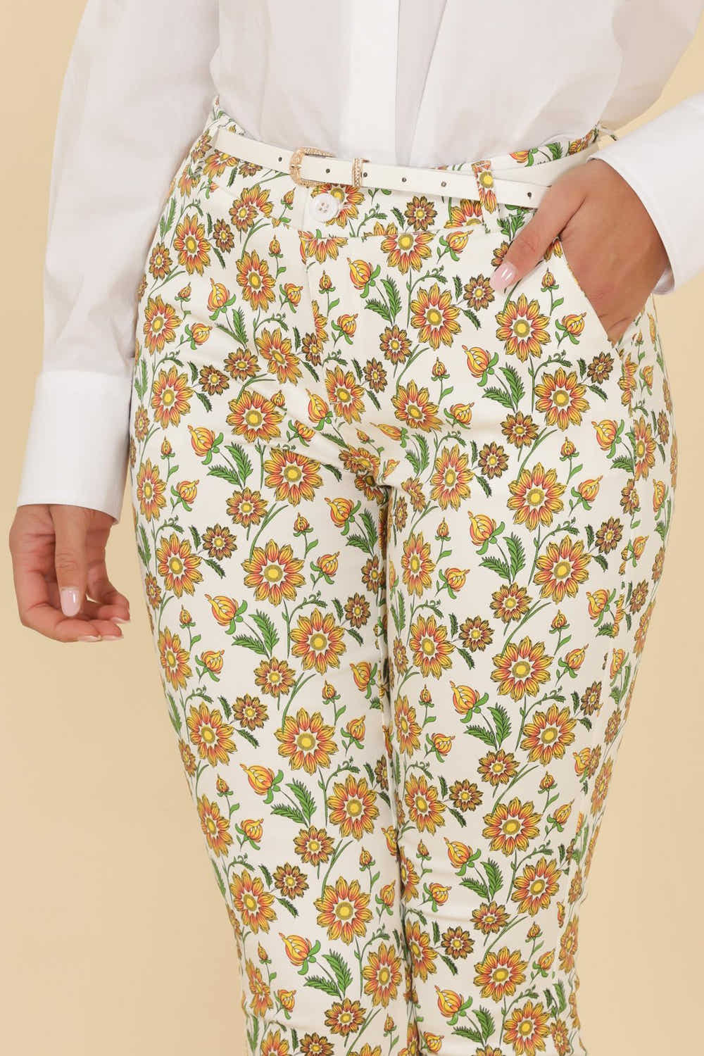 Pantalon imprimé fleuri jaune - vue produit Magnolia Paris