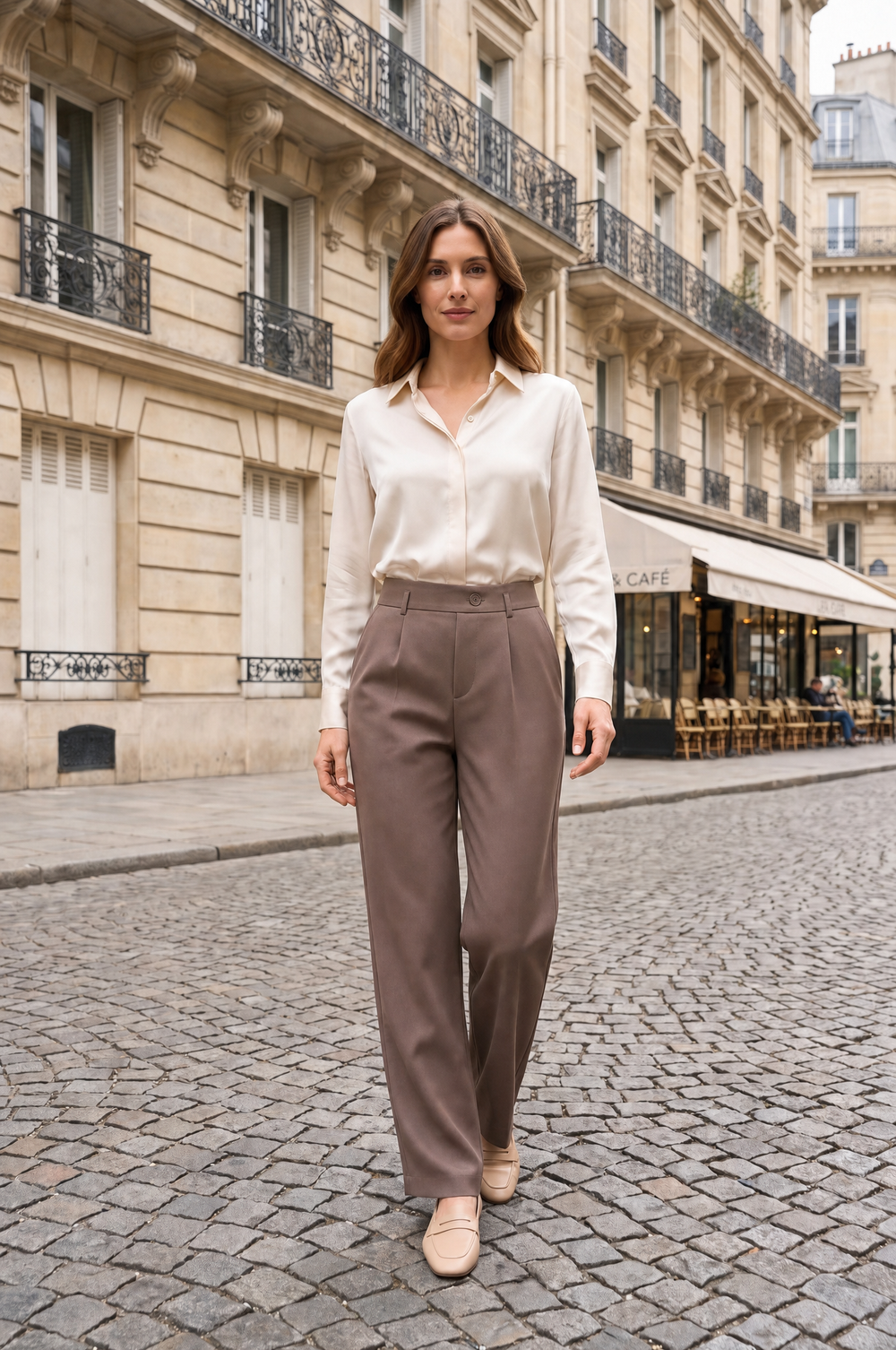 Pantalon tailleur L333 marron porté à Paris