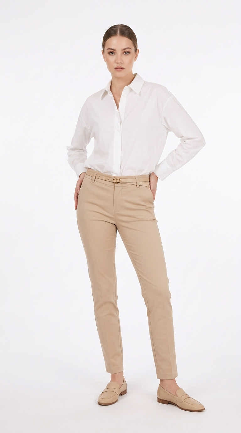 Modèle portant le pantalon chino coupe slim beige avec ceinture - vue studio fond blanc