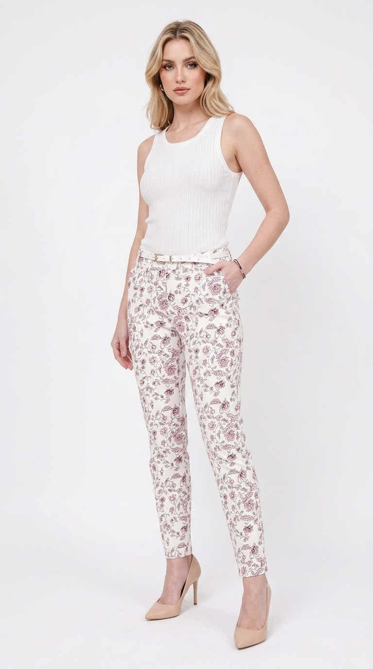 Modèle portant le pantalon imprimé fleuri rose - vue studio fond blanc