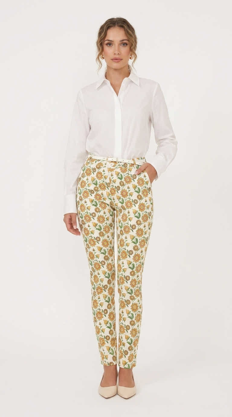 Modèle portant le pantalon imprimé fleuri jaune - vue studio fond blanc