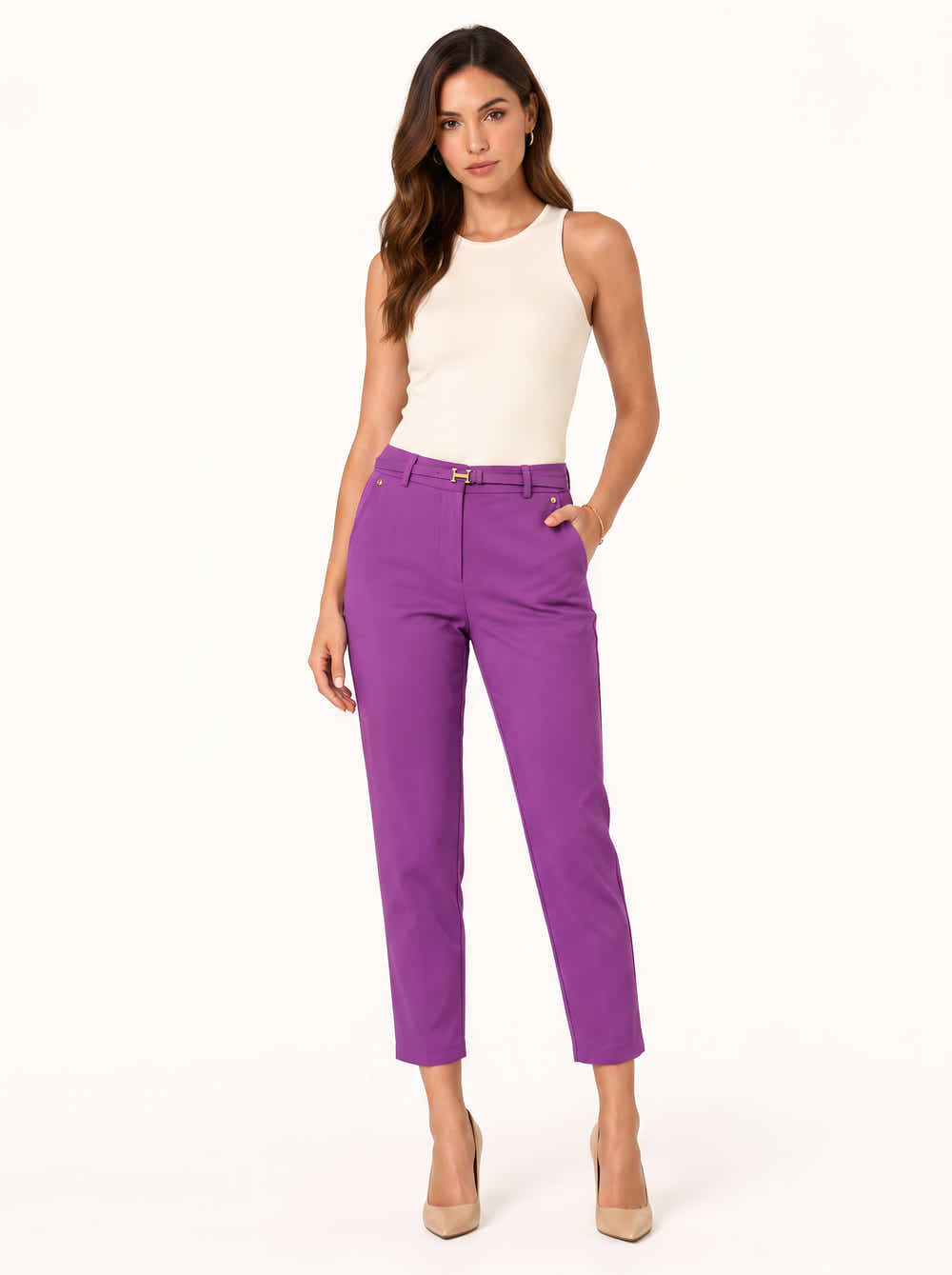 straight-cut pants with belt