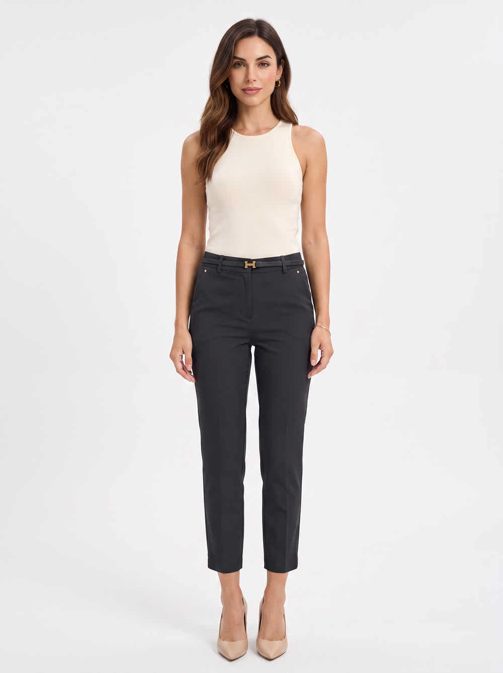 straight-cut pants with belt