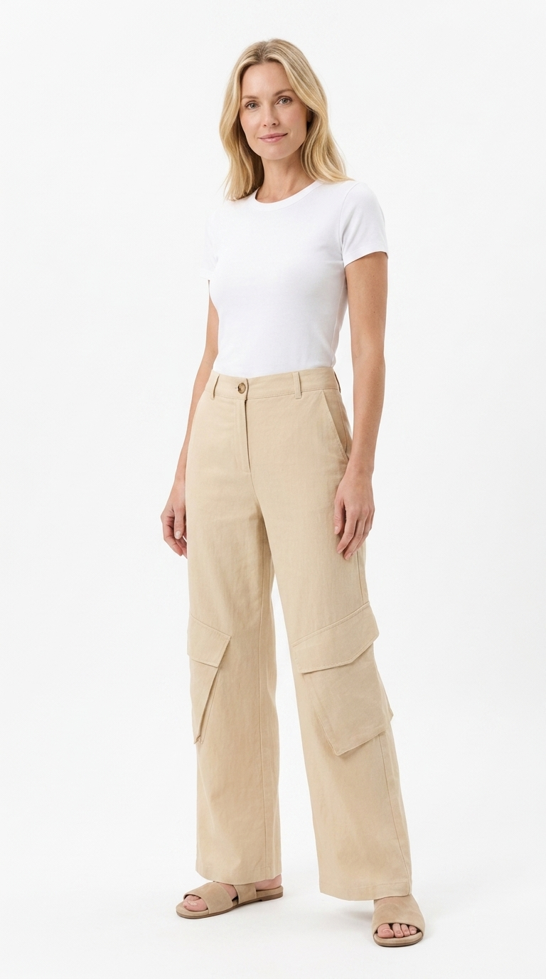 Pantalon cargo L307 coton lin beige studio