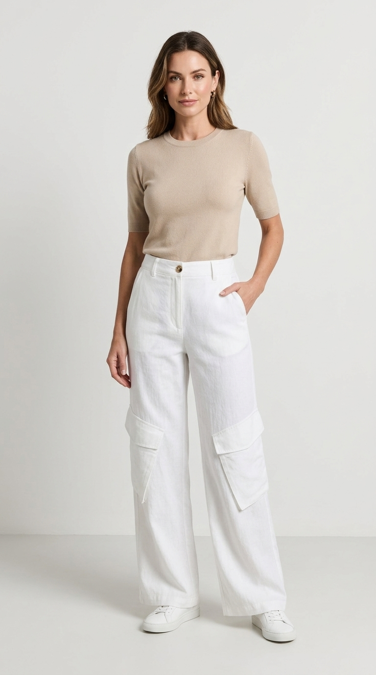 Pantalon cargo L307 coton lin blanc studio