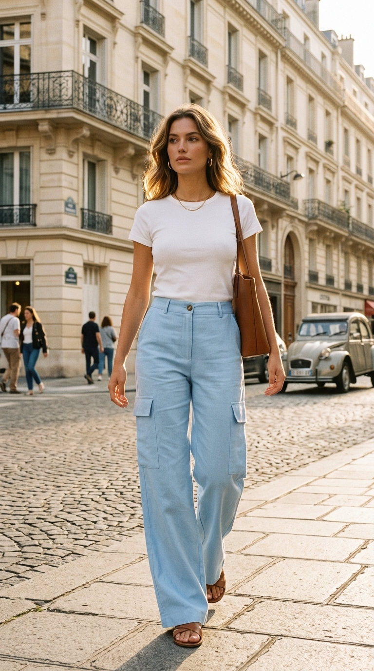Pantalon cargo L307 coton lin bleu ciel rue parisienne