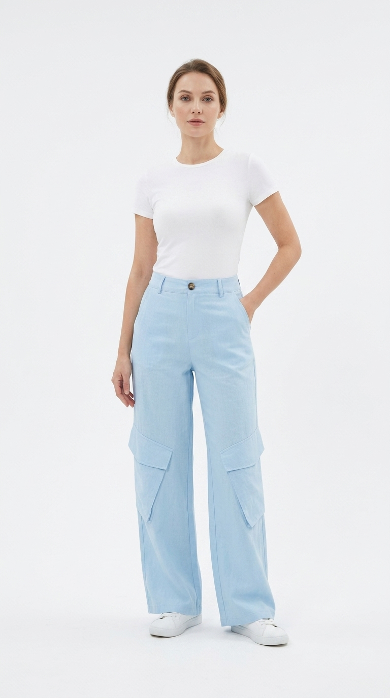 Pantalon cargo L307 coton lin bleu ciel studio