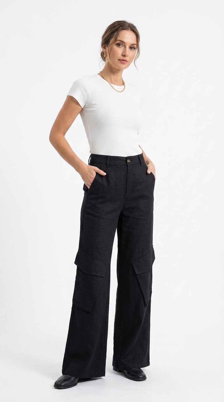 Pantalon cargo L307 coton lin noir studio