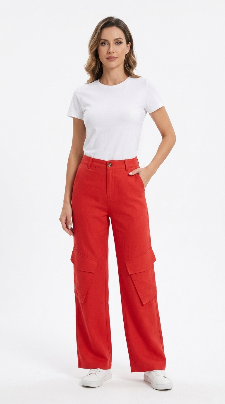 Pantalon cargo L307 coton lin rouge studio