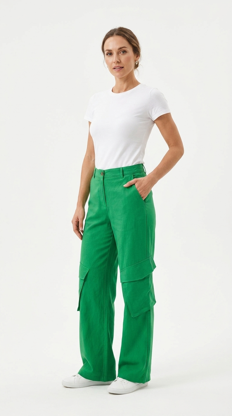 Pantalon cargo L307 coton lin vert studio