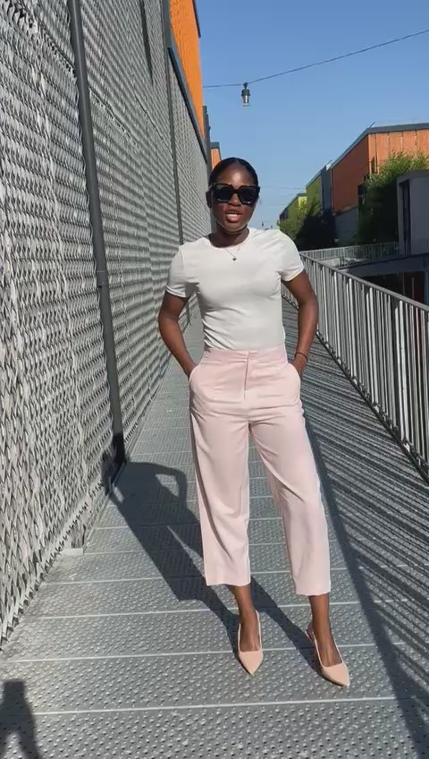 Freesia Pantalon Large Taille Haute Ben Tissu Lisse avec Plis Avant et Bouton à la Taille Style Ajusté Formel