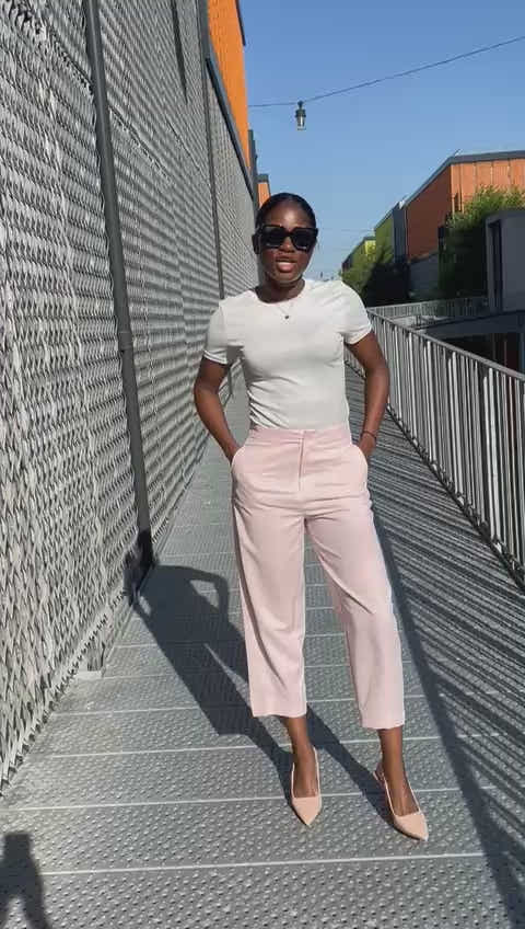 Freesia Pantalon Large Taille Haute Ben Tissu Lisse avec Plis Avant et Bouton à la Taille Style Ajusté Formel
